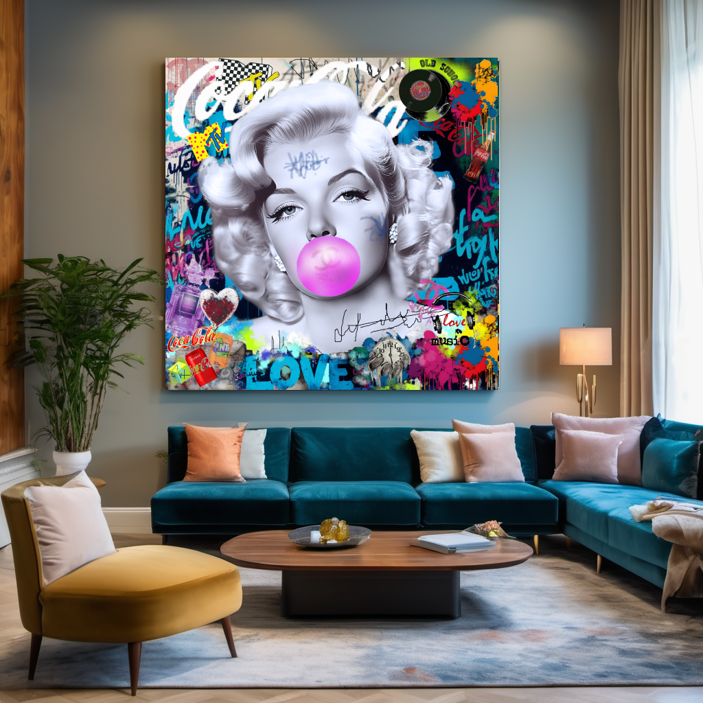 Iconic Marilyn Monroe blowing Bubble Gum, Modern Pop Art Print on Canvas – Large – Oil on Canvas – {{ product.title }} canvas artwork by Tanya Mirelle – modern wall decor – original artwork for home, living room, office, or gallery – original artwork by BETSY-ART GALLERY