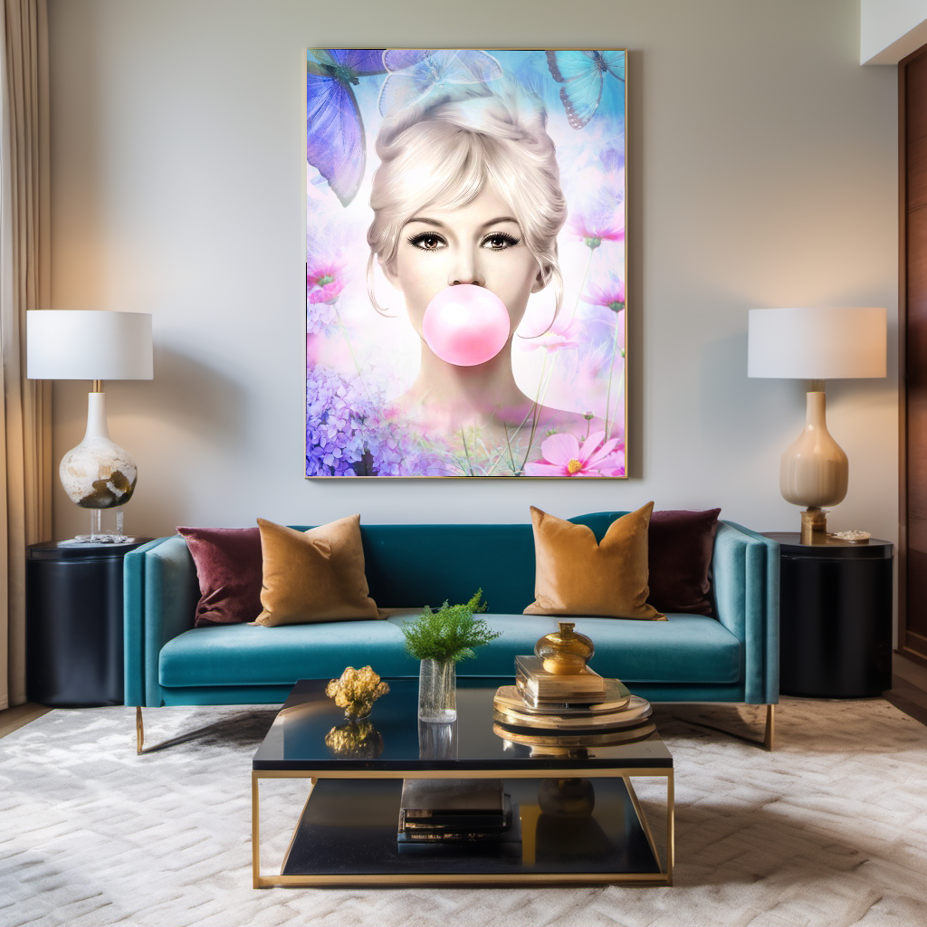 Blue Floral Audrey Hepburn, Marilyn Monroe and Brigitte Bardot, Bubble Gum Art, Modern Pop Art Canvas Print C