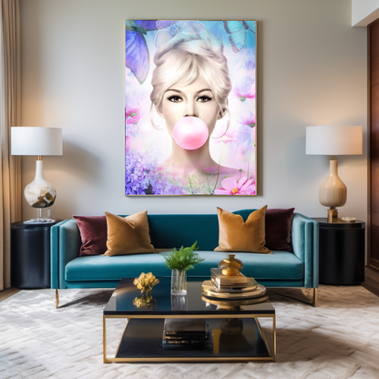 Blue Floral Audrey Hepburn, Marilyn Monroe and Brigitte Bardot, Bubble Gum Art, Modern Pop Art Canvas Print C