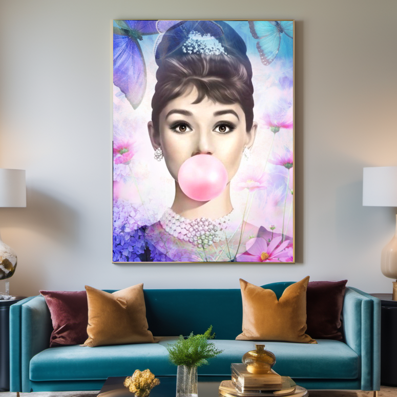 Blue Floral Brigitte Bardot Bubble Gum Art, Modern Pop Art Canvas Print – Large – Oil on Canvas – {{ product.title }} canvas artwork by Tanya Mirelle – modern wall decor – original artwork for home, living room, office, or gallery – original artwork by BETSY-ART GALLERY