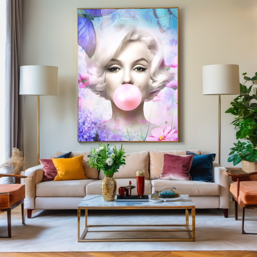 Blue Floral Audrey Hepburn, Marilyn Monroe and Brigitte Bardot, Bubble Gum Art, Modern Pop Art Canvas Print