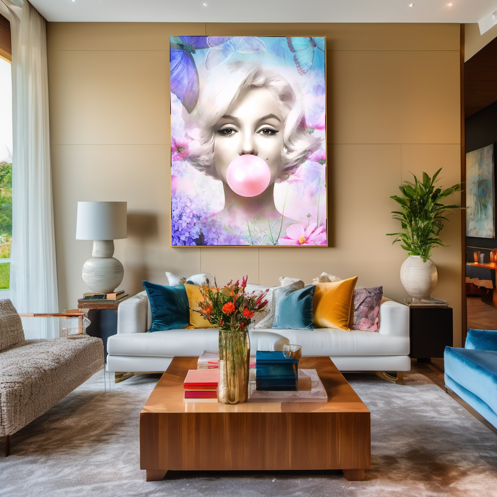 Blue Floral Brigitte Bardot Bubble Gum Art, Modern Pop Art Canvas Print – Large – Oil on Canvas – {{ product.title }} canvas artwork by Tanya Mirelle – modern wall decor – original artwork for home, living room, office, or gallery – original artwork by BETSY-ART GALLERY