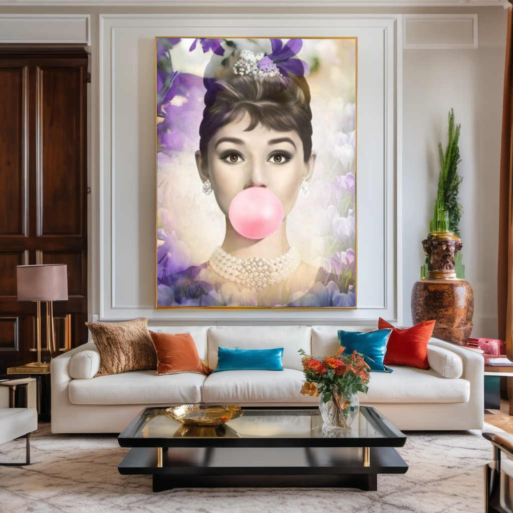 Blue Floral Brigitte Bardot Bubble Gum Art, Modern Pop Art Canvas Print – Large – Oil on Canvas – {{ product.title }} canvas artwork by Tanya Mirelle – modern wall decor – original artwork for home, living room, office, or gallery – original artwork by BETSY-ART GALLERY