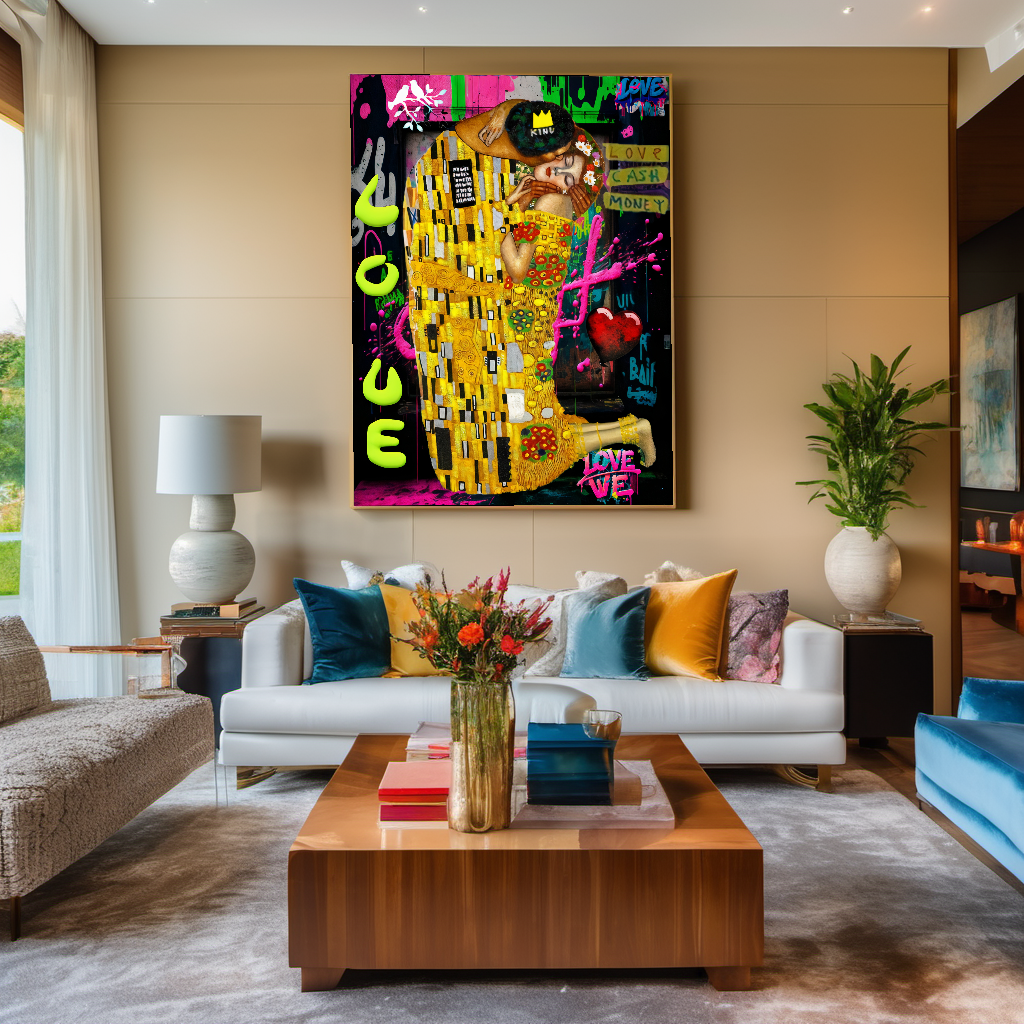 The Kiss by Gustav Klimt - Pop Art Graffiti Canvas Print – Large – Oil on Canvas – {{ product.title }} canvas artwork by Tanya Mirelle – modern wall decor – original artwork for home, living room, office, or gallery – original artwork by BETSY-ART GALLERY