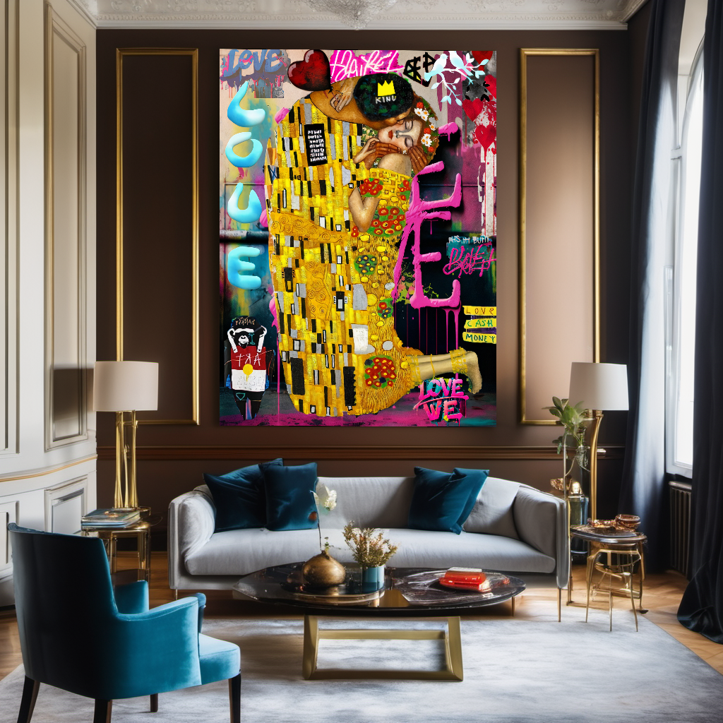 Vivid Colors Canvas Print - The Kiss by Gustav Klimt - Pop Art Graffiti Print on Canvas – Large – Oil on Canvas – {{ product.title }} canvas artwork by Tanya Mirelle – modern wall decor – original artwork for home, living room, office, or gallery – original artwork by BETSY-ART GALLERY