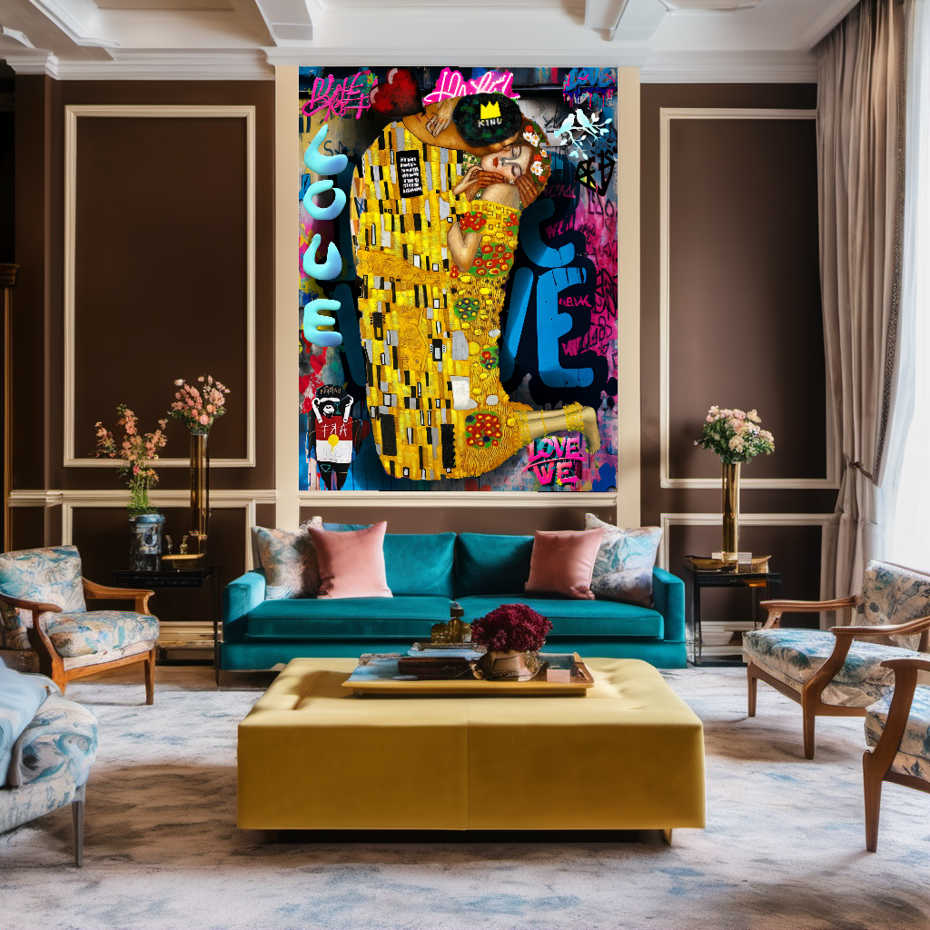 Vivid Colors Canvas Print - The Kiss by Gustav Klimt - Pop Art Graffiti Print on Canvas – Large – Oil on Canvas – {{ product.title }} canvas artwork by Tanya Mirelle – modern wall decor – original artwork for home, living room, office, or gallery – original artwork by BETSY-ART GALLERY