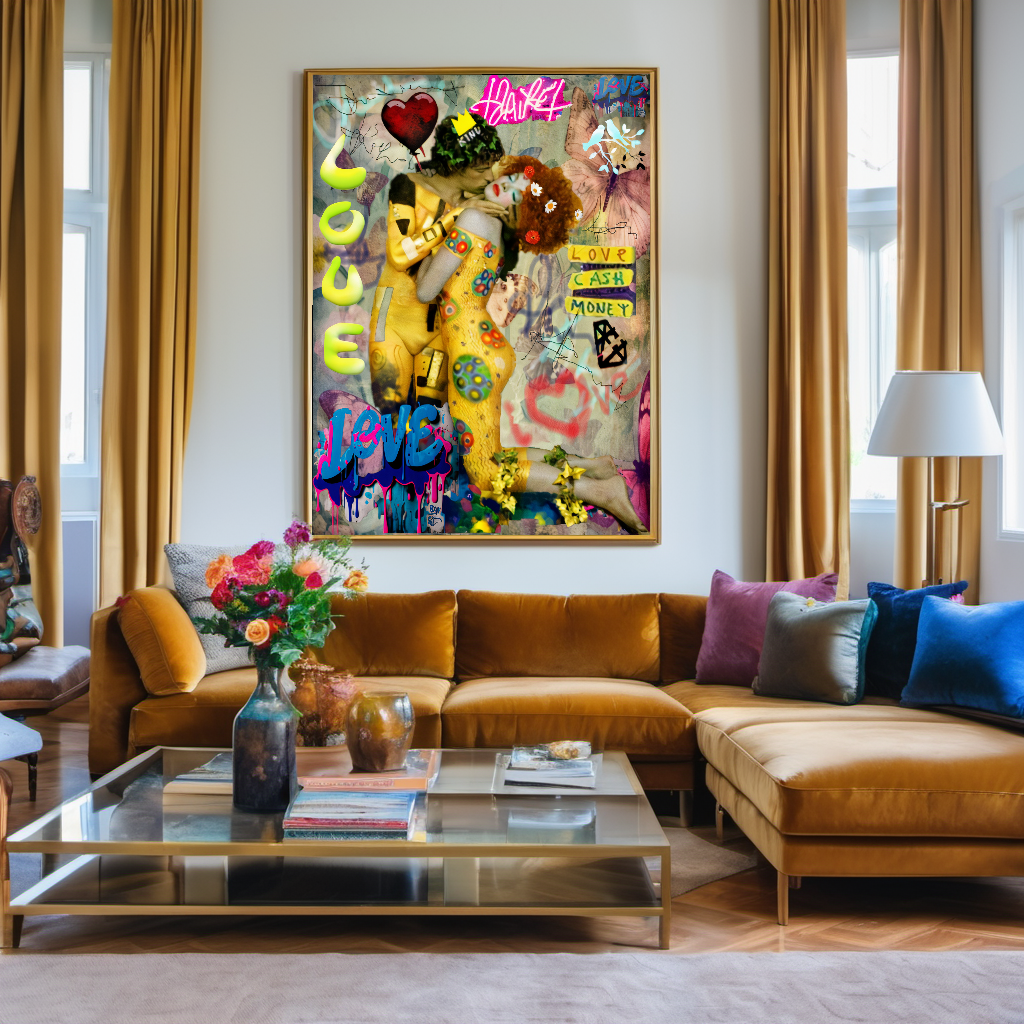 Vivid Colors Canvas Print - The Kiss by Gustav Klimt - Pop Art Graffiti Print on Canvas – Large – Oil on Canvas – {{ product.title }} canvas artwork by Tanya Mirelle – modern wall decor – original artwork for home, living room, office, or gallery – original artwork by BETSY-ART GALLERY