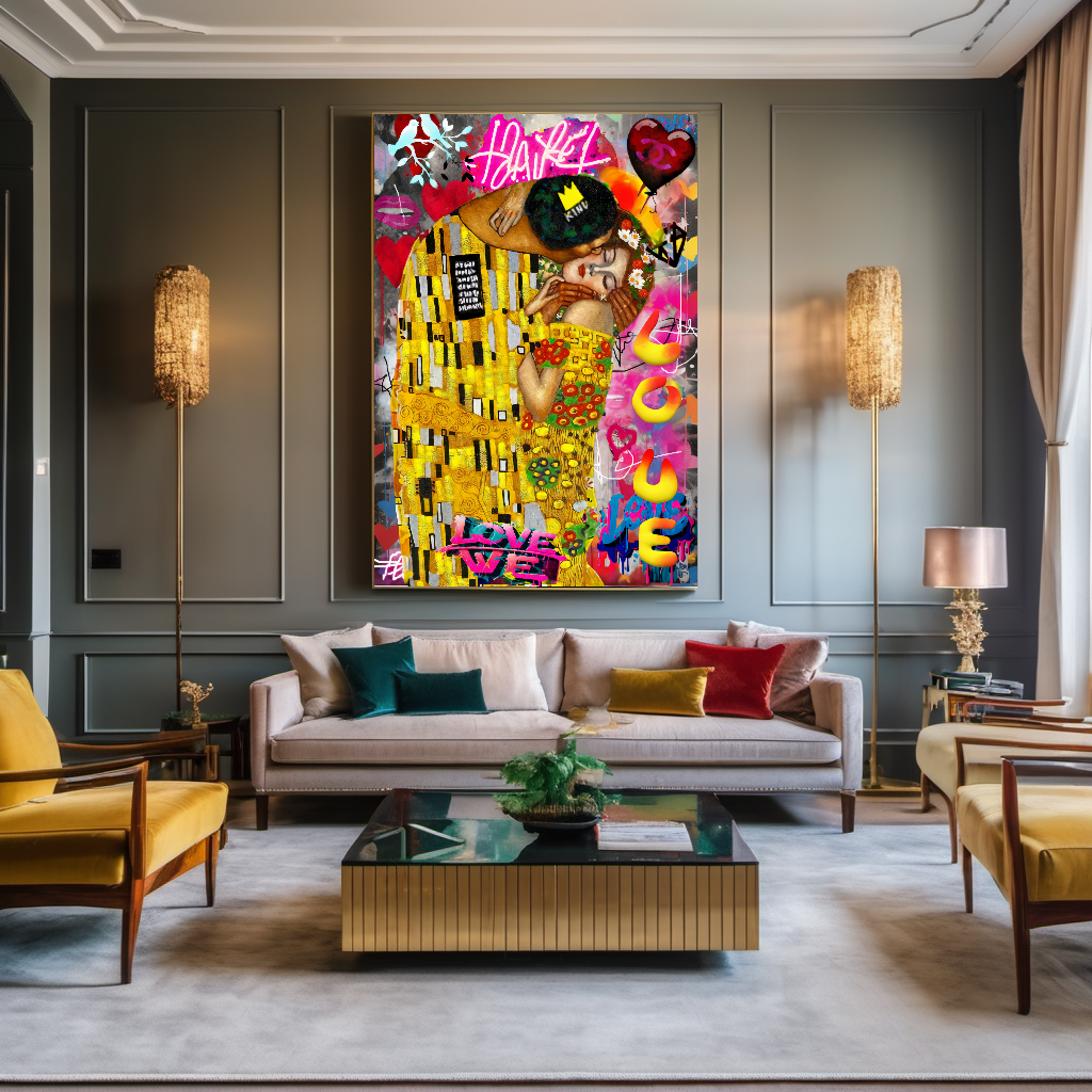 Bold Colors Canvas Print - The Kiss by Gustav Klimt - Pop Art Graffiti Print on Canvas