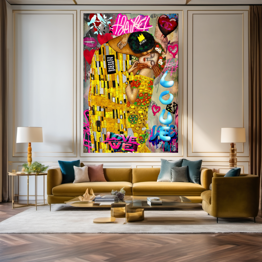 The Kiss by Gustav Klimt - Pop Art Graffiti Canvas Print – Large – Oil on Canvas – {{ product.title }} canvas artwork by Tanya Mirelle – modern wall decor – original artwork for home, living room, office, or gallery – original artwork by BETSY-ART GALLERY