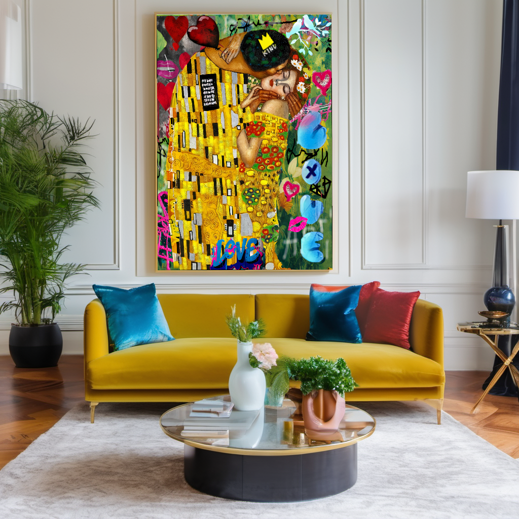Bold Colors Canvas Print - The Kiss by Gustav Klimt - Pop Art Graffiti Print on Canvas – Large – Oil on Canvas – {{ product.title }} canvas artwork by Tanya Mirelle – modern wall decor – original artwork for home, living room, office, or gallery – original artwork by BETSY-ART GALLERY