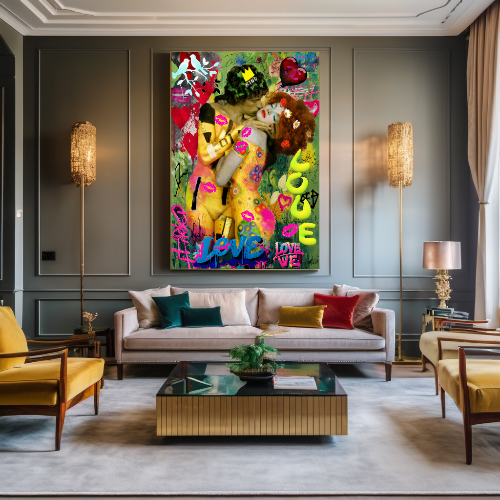 The Kiss by Gustav Klimt - Pop Art Graffiti Canvas Print – Large – Oil on Canvas – {{ product.title }} canvas artwork by Tanya Mirelle – modern wall decor – original artwork for home, living room, office, or gallery – original artwork by BETSY-ART GALLERY