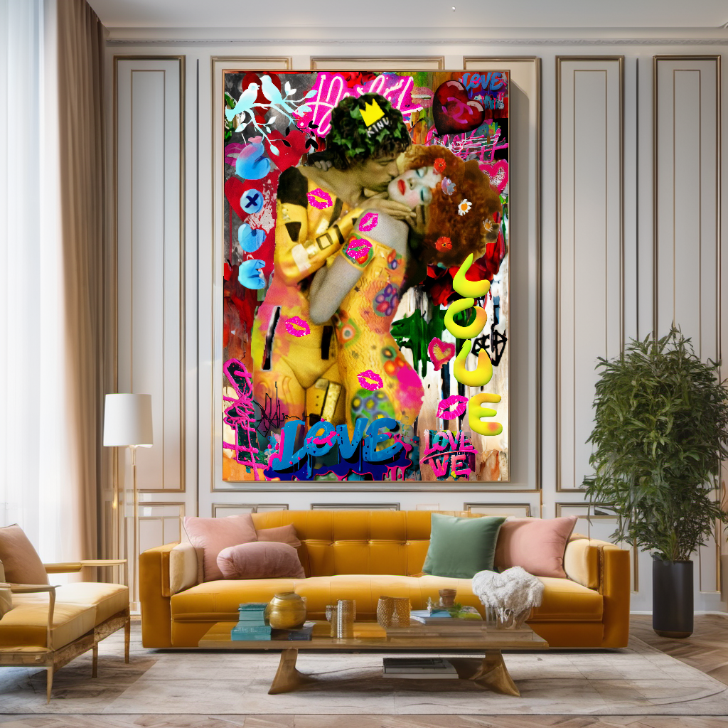 The Kiss by Gustav Klimt - Pop Art Graffiti Canvas Print – Large – Oil on Canvas – {{ product.title }} canvas artwork by Tanya Mirelle – modern wall decor – original artwork for home, living room, office, or gallery – original artwork by BETSY-ART GALLERY