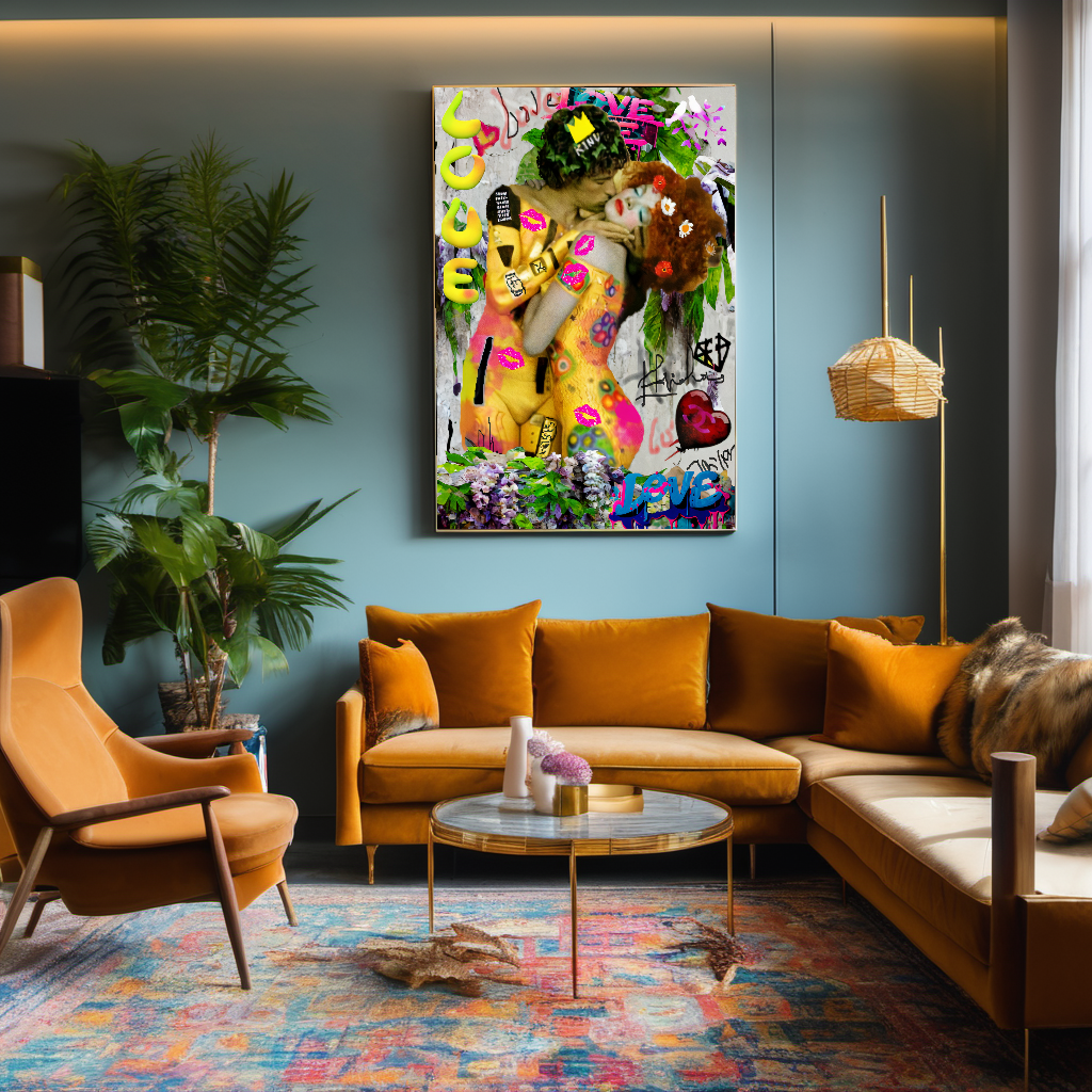 Bold Colors Canvas Print - The Kiss by Gustav Klimt - Pop Art Graffiti Print on Canvas – Large – Oil on Canvas – {{ product.title }} canvas artwork by Tanya Mirelle – modern wall decor – original artwork for home, living room, office, or gallery – original artwork by BETSY-ART GALLERY