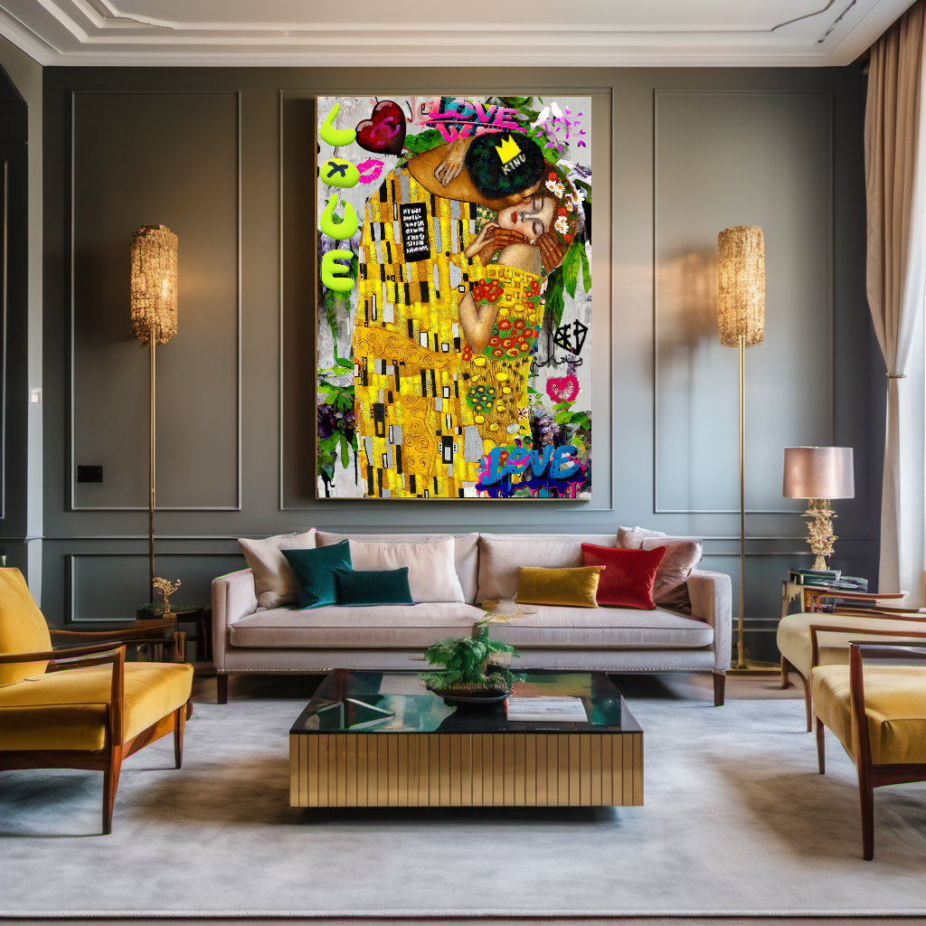 Bold Colors Canvas Print - The Kiss by Gustav Klimt - Pop Art Graffiti Print on Canvas – Large – Oil on Canvas – {{ product.title }} canvas artwork by Tanya Mirelle – modern wall decor – original artwork for home, living room, office, or gallery – original artwork by BETSY-ART GALLERY