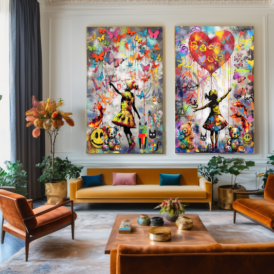 Girl with Heart Balloon and Butterflies- Peace & Love Graffiti Art Print on Canvas