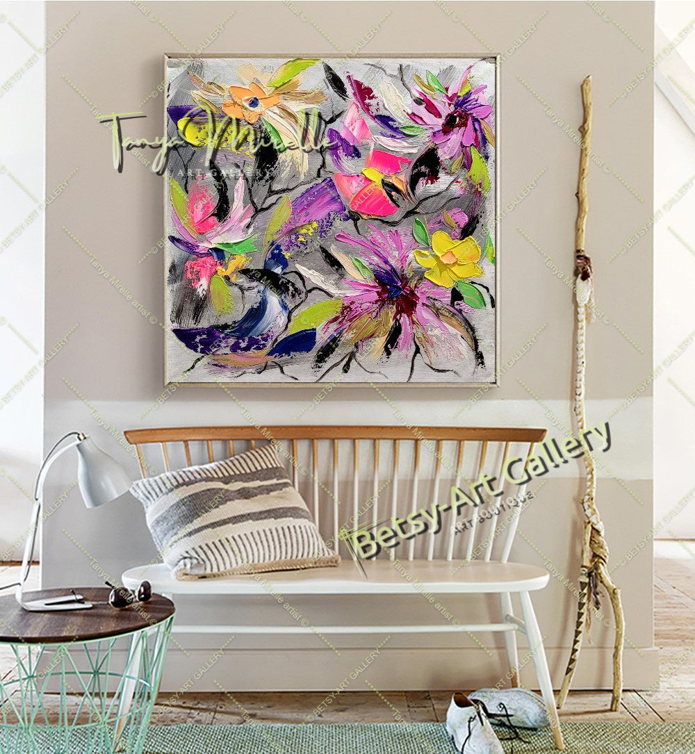 Floral Symphony - Modern Abstract Painting on Canvas, Impasto Wall Art