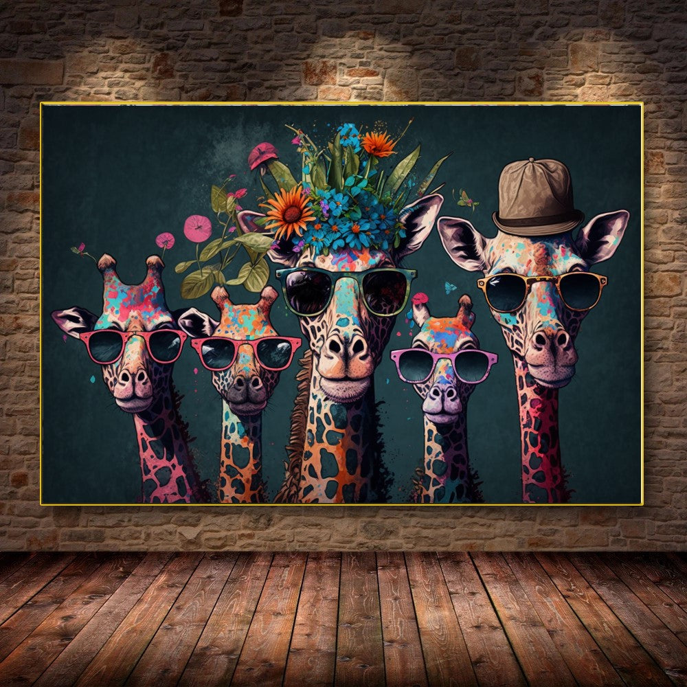 Vivid Colorful Family of Giraffes in Sunglasses - Fun Pop Art Canvas Print E