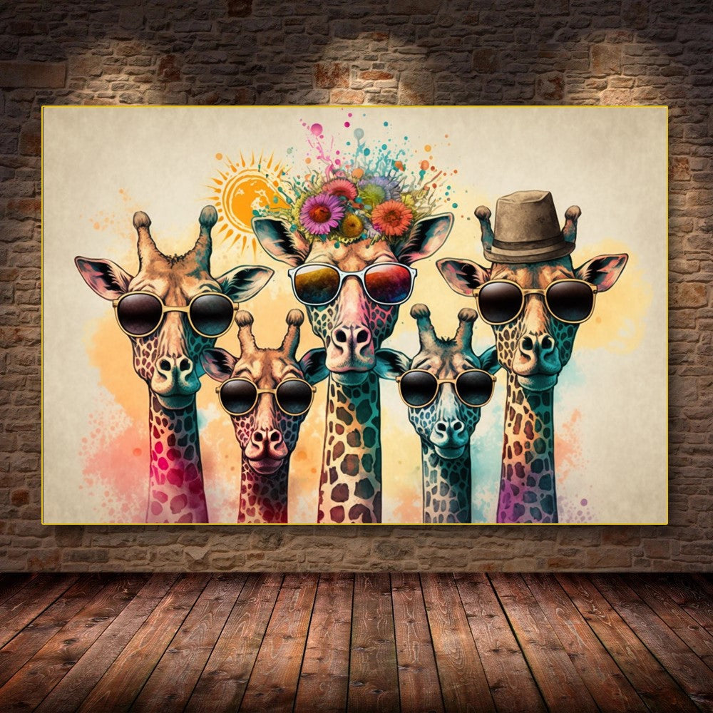 Colorful Family of Giraffes in Sunglasses - Fun Pop Art Canvas Print A