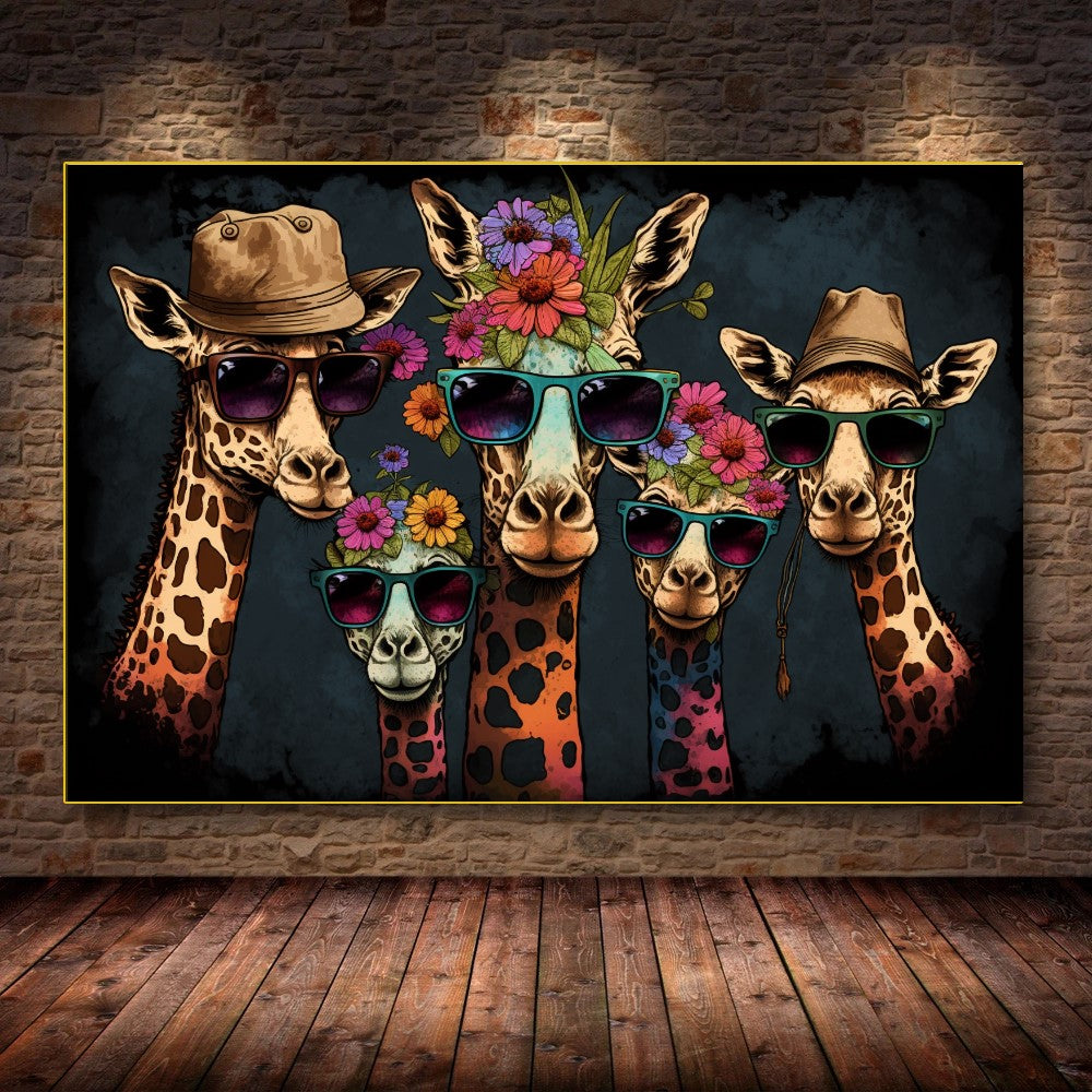 Vivid Colorful Family of Giraffes in Sunglasses - Fun Pop Art Canvas Print A