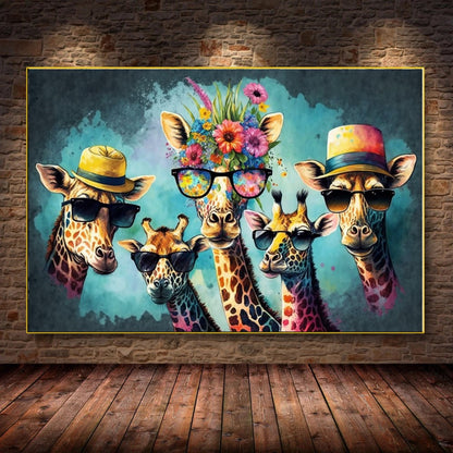 Colorful Family of Giraffes in Sunglasses - Fun Pop Art Canvas Print B