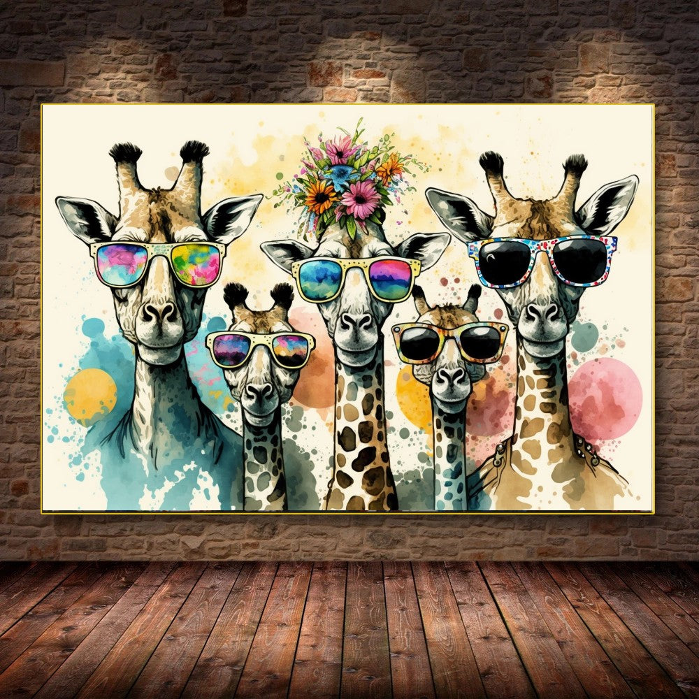 Colorful Family of Giraffes in Sunglasses - Fun Pop Art Canvas Print D