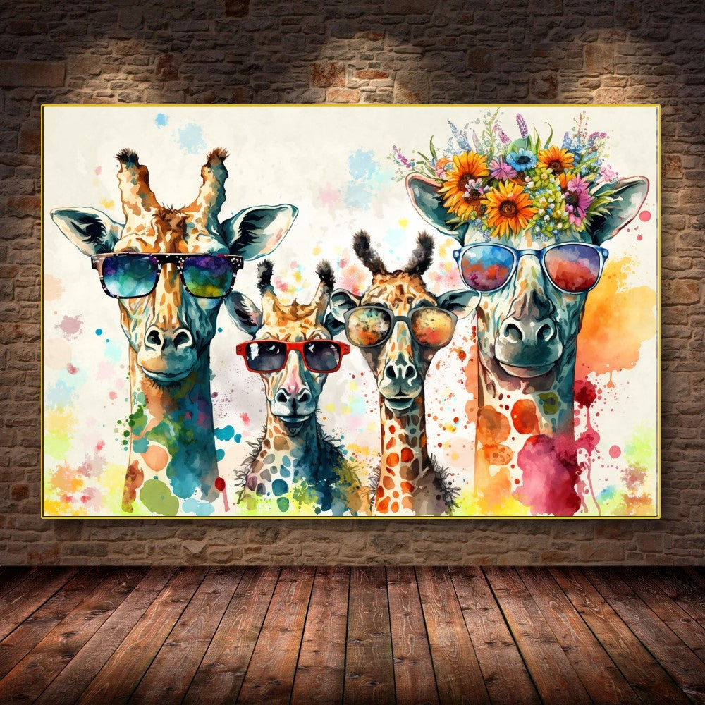 Colorful Family of Giraffes in Sunglasses - Fun Pop Art Canvas Print C