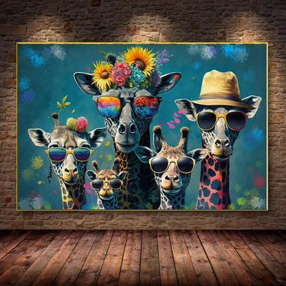 Colorful Family of Giraffes in Sunglasses - Fun Pop Art Canvas Print E