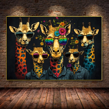 Vivid Colorful Family of Giraffes in Sunglasses - Fun Pop Art Canvas Print B