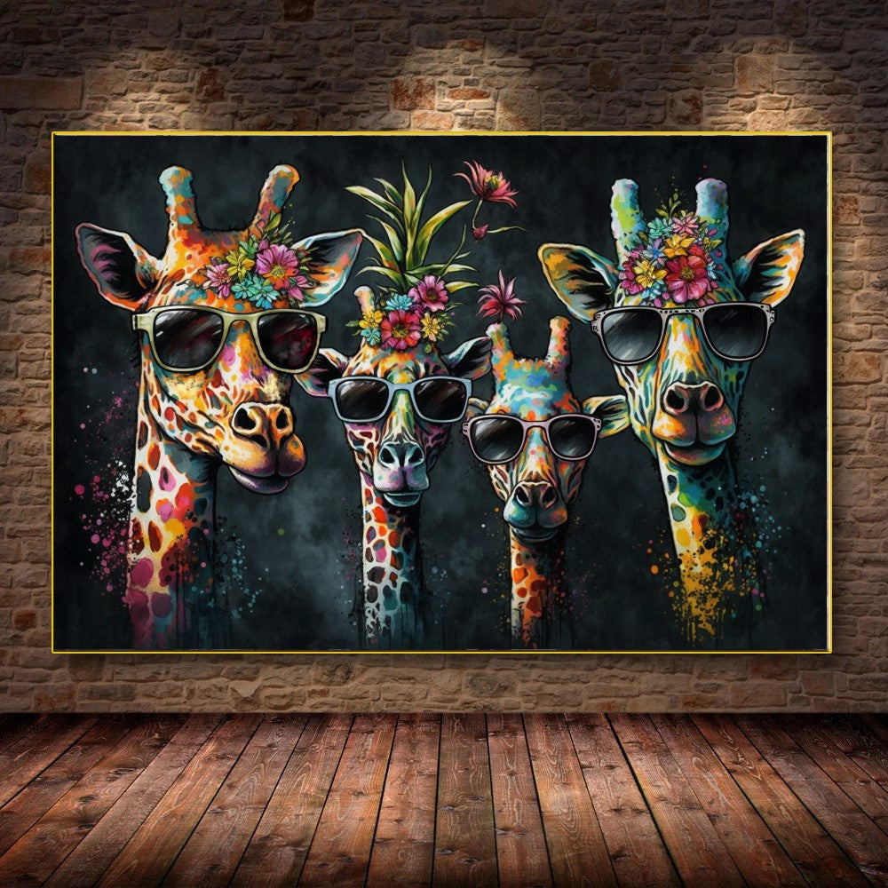 Vivid Colorful Family of Giraffes in Sunglasses - Fun Pop Art Canvas Print C