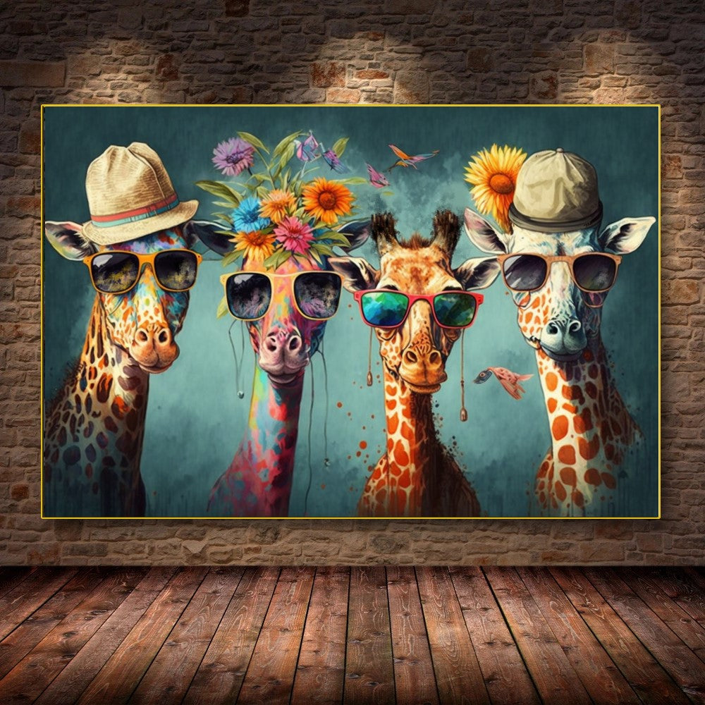 Vivid Colorful Family of Giraffes in Sunglasses - Fun Pop Art Canvas Print D