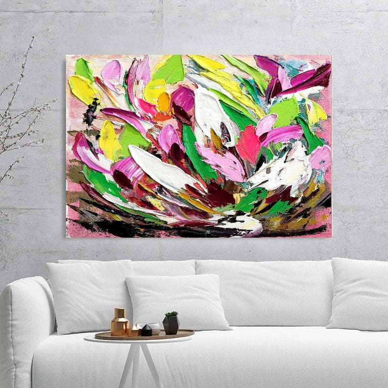 Large Modern Abstract Painting, Vibrant Floral Impasto Wall Art, Oil Painting on Canvas