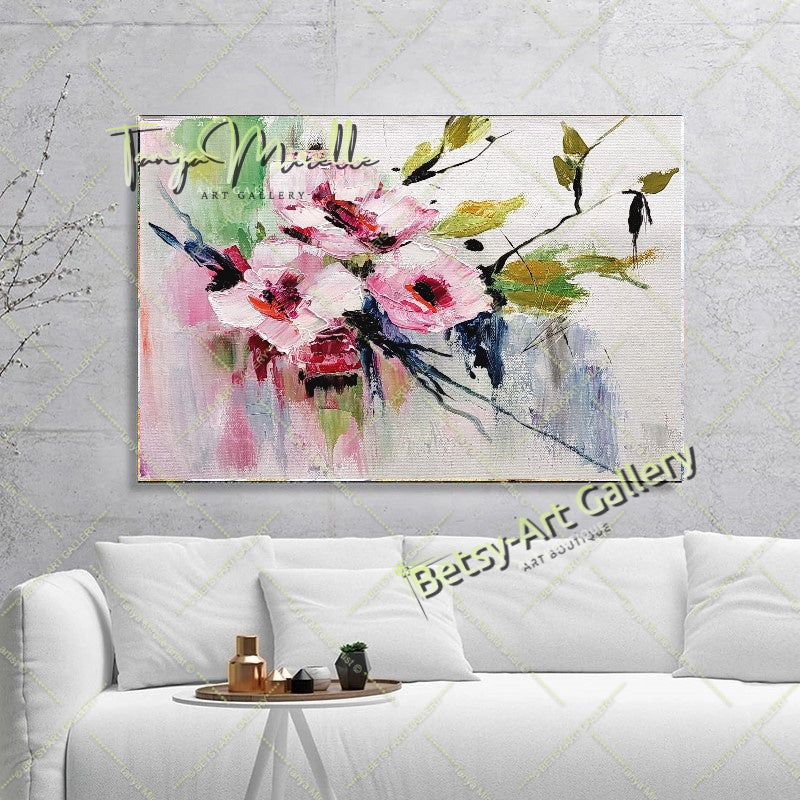 Grande peinture à l'huile florale texturée en impasto sur toile - Œuvre d'art originale, art mural texturé coloré