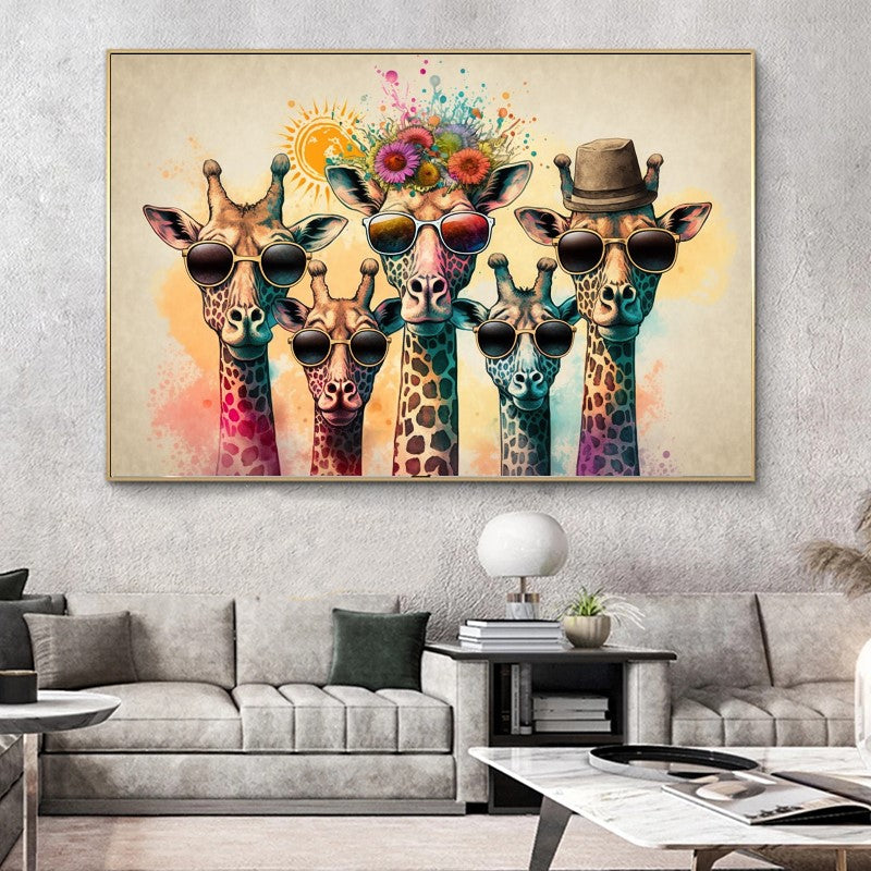 Colorful Family of Giraffes in Sunglasses - Fun Pop Art Canvas Print