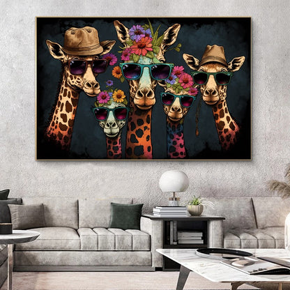 Vivid Colorful Family of Giraffes in Sunglasses - Fun Pop Art Canvas Print