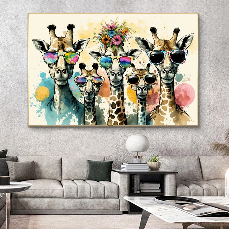 Colorful Family of Giraffes in Sunglasses - Fun Pop Art Canvas Print