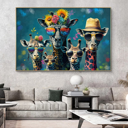 Colorful Family of Giraffes in Sunglasses - Fun Pop Art Canvas Print