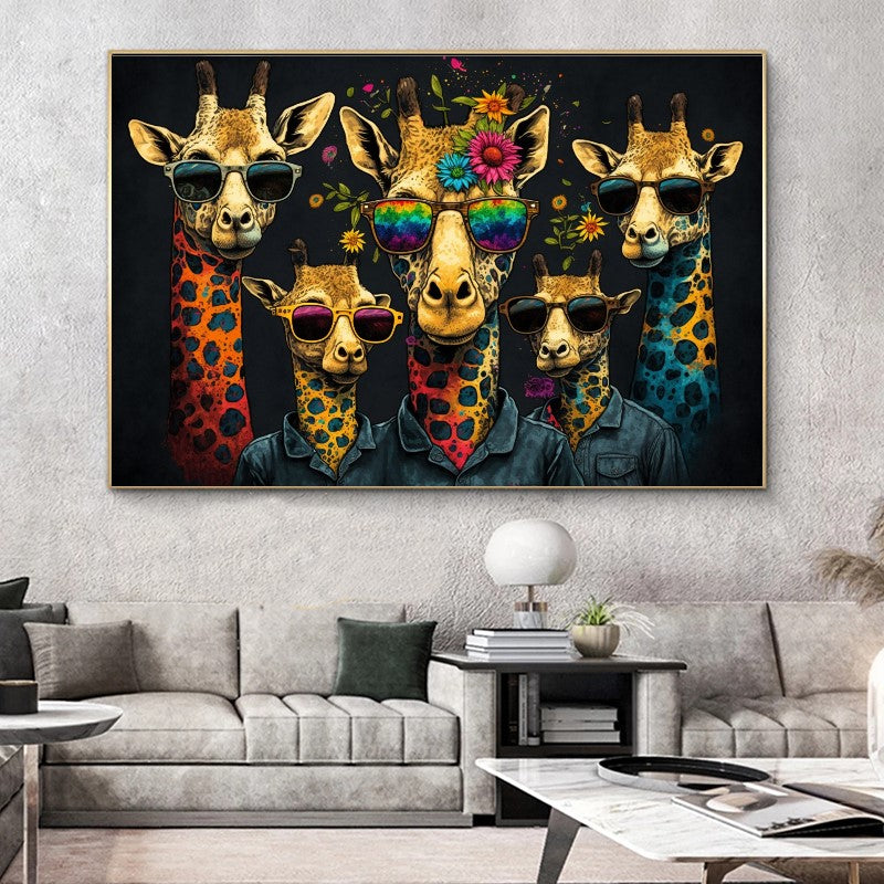 Vivid Colorful Family of Giraffes in Sunglasses - Fun Pop Art Canvas Print