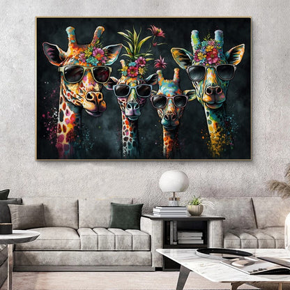 Vivid Colorful Family of Giraffes in Sunglasses - Fun Pop Art Canvas Print