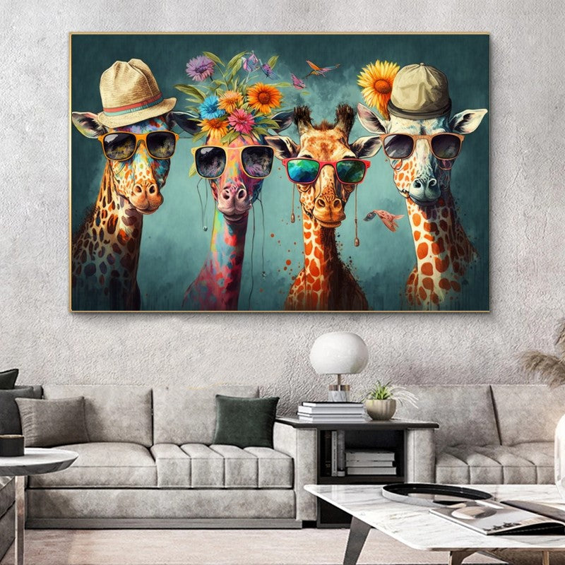 Vivid Colorful Family of Giraffes in Sunglasses - Fun Pop Art Canvas Print