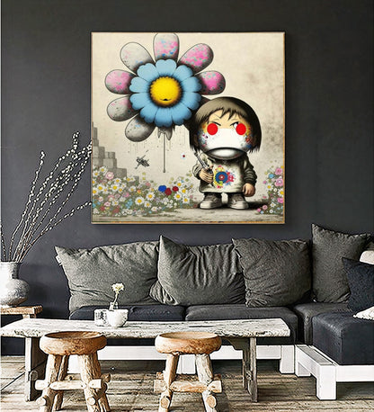 Girl with Flower Balloon - Banksy Inspired Street Art Print {{ shop_name }}Prints Banksy style canvas print canvas wall art collectible print colorful flower balloon giclée prints girl with flower graffiti large canvas print large wall art Large Wall Art Decor Living Room Art modern art print playful pop art print on canvas ready to hang canvas street art stretched canvas art surreal urban art wall art prints whimsical