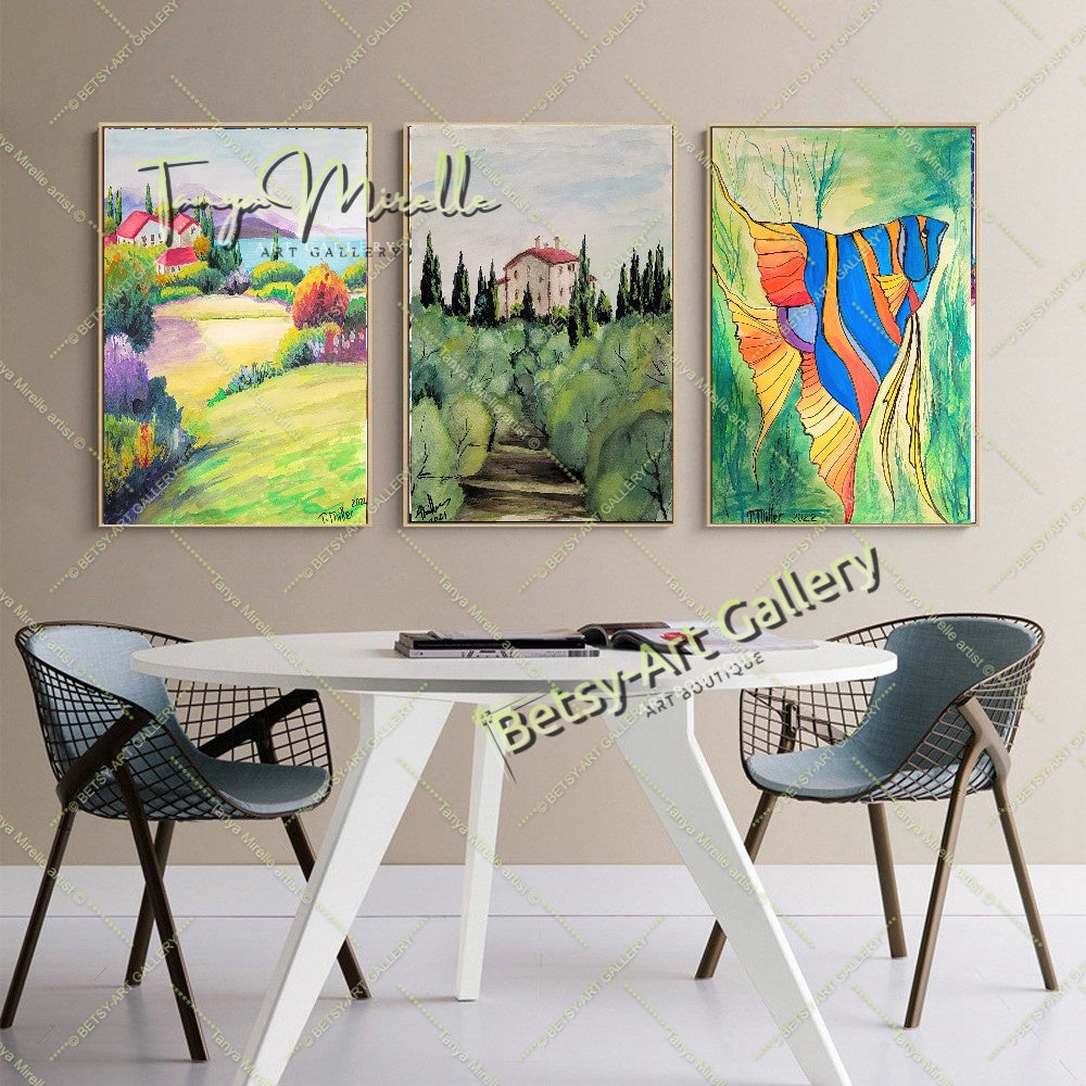 Vibrant Mediterranean Landscape Watercolor Painting, No Frame {{ shop_name }}watercolor art print birthday gift blooming garden art botanical print colorful painting floral art floral painting garden painting gift for mom mediterranean art mediterranean landscape painting nature painting paper painting small painting wall art home decor watercolor floral watercolor flowers watercolor landscape watercolor painting wildflowers painting