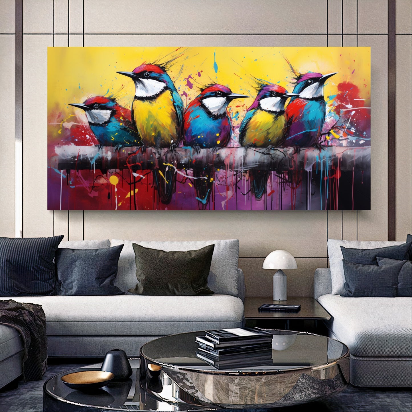Colorful Birds on Branch - Vibrant Family of Birds Canvas Art, Modern Prin on Canvas D
