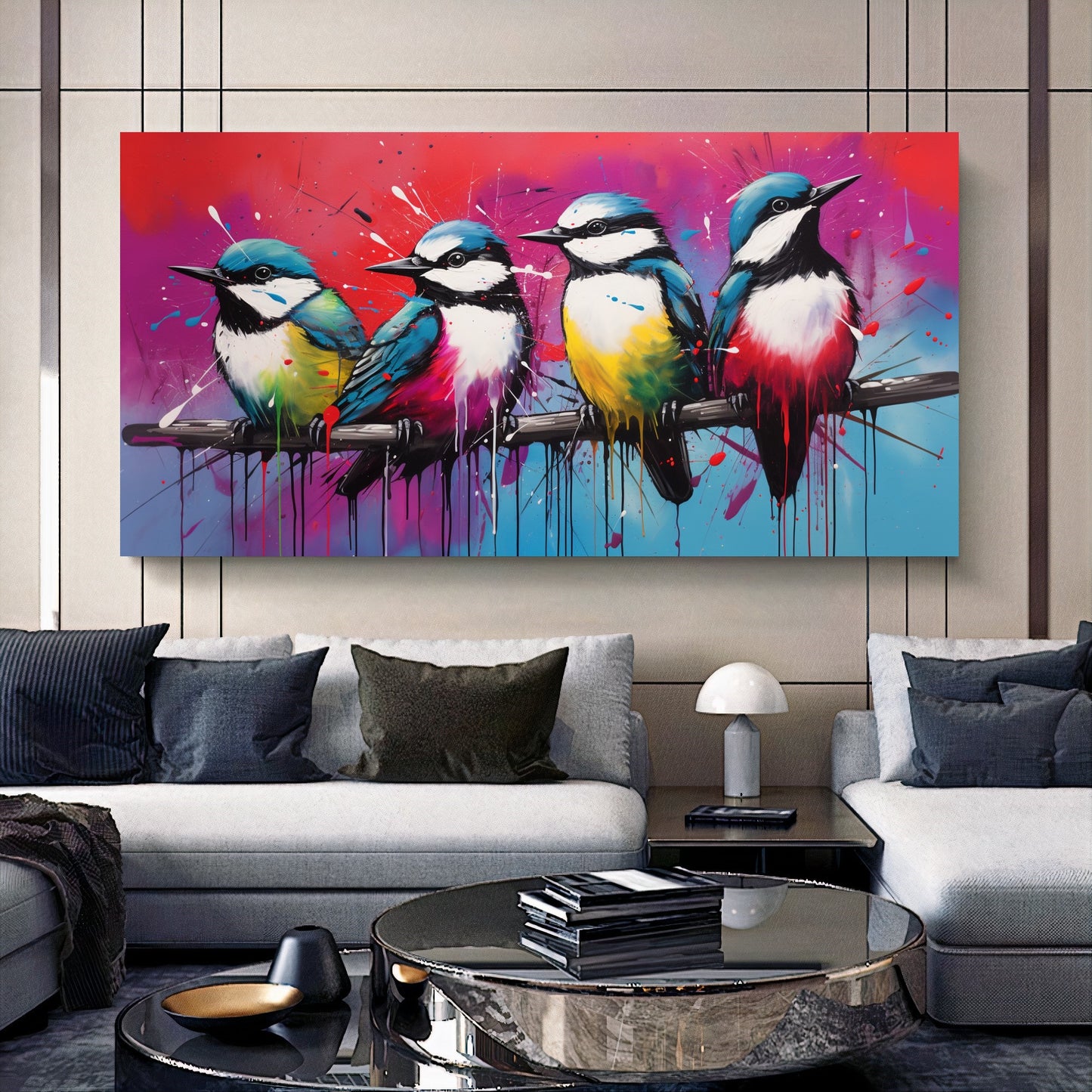 Colorful Birds on Branch - Vibrant Family of Birds Canvas Art, Modern Prin on Canvas E