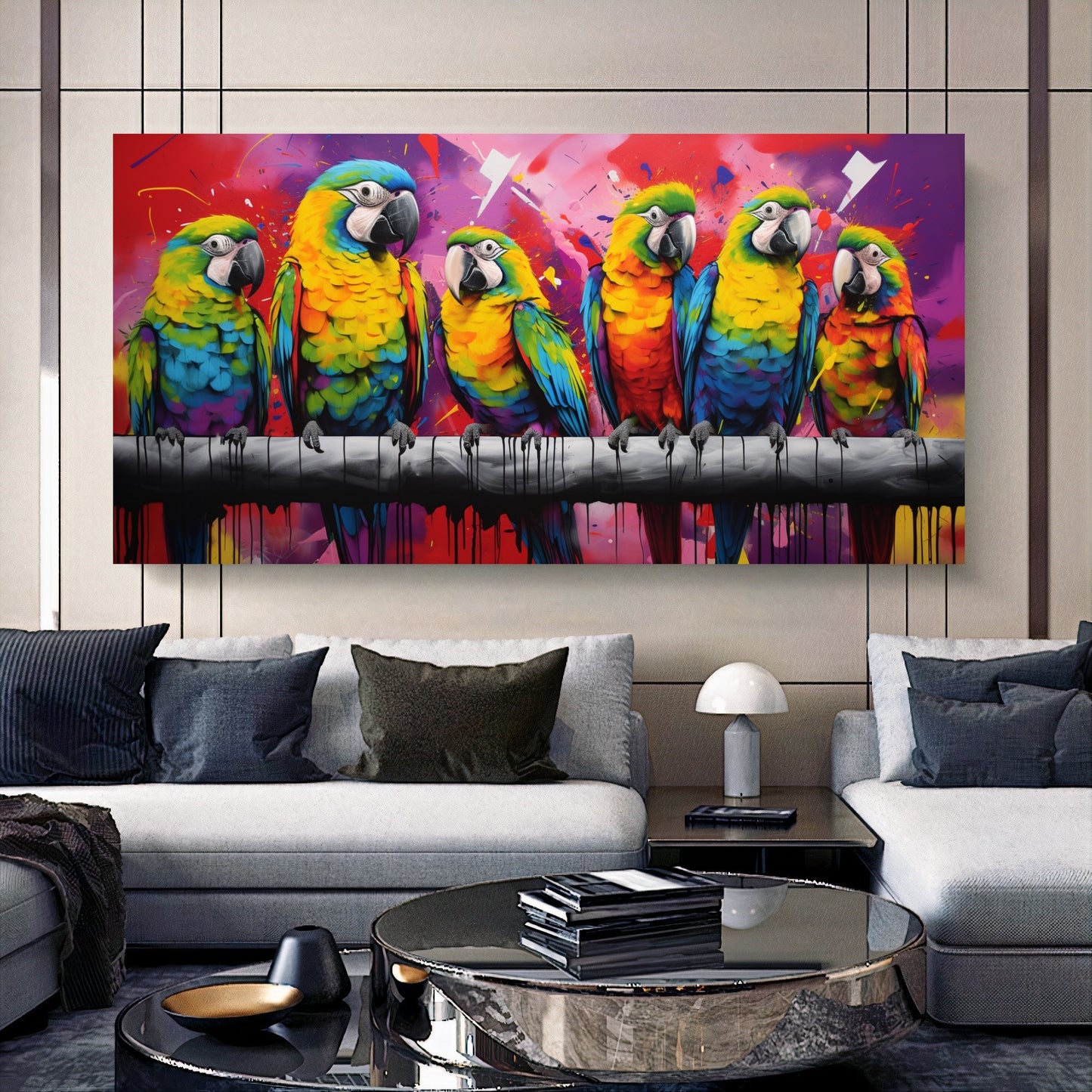 Vibrant Parrot Family Canvas Art - Colorful Macaws on a Branch, Modern Prin on Canvas C
