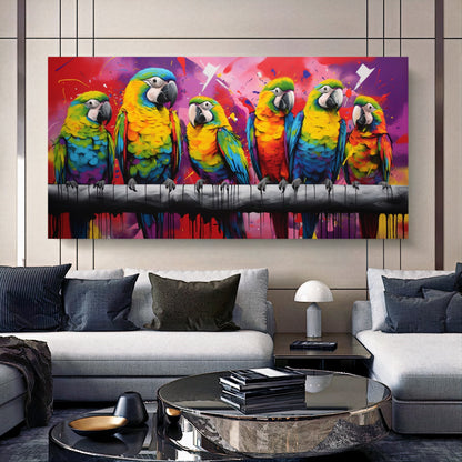 Vibrant Parrot Family Canvas Art - Colorful Macaws on a Branch, Modern Prin on Canvas C