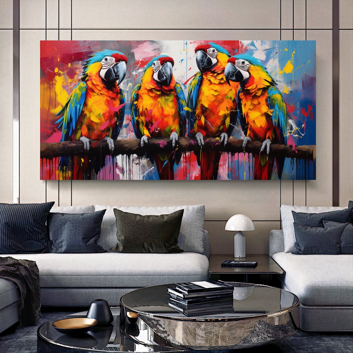 Vibrant Parrot Family Canvas Art - Colorful Macaws on a Branch, Modern Prin on Canvas A