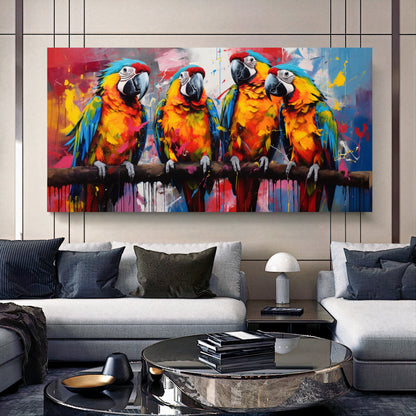 Vibrant Parrot Family Canvas Art - Colorful Macaws on a Branch, Modern Prin on Canvas A