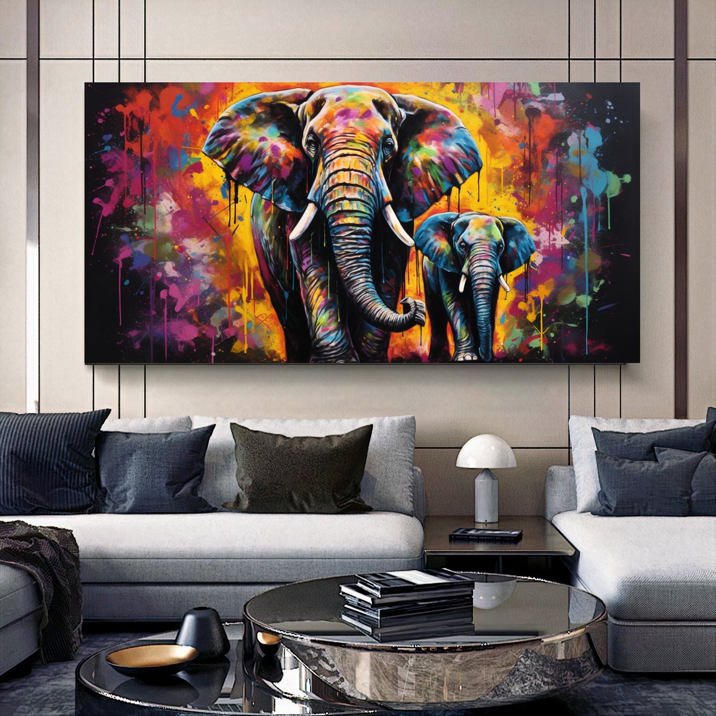 Vibrant Elephant Family - Colorful Canvas Art, Modern Prin on Canvas E