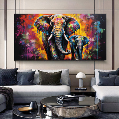 Vibrant Elephant Family - Colorful Canvas Art, Modern Prin on Canvas E