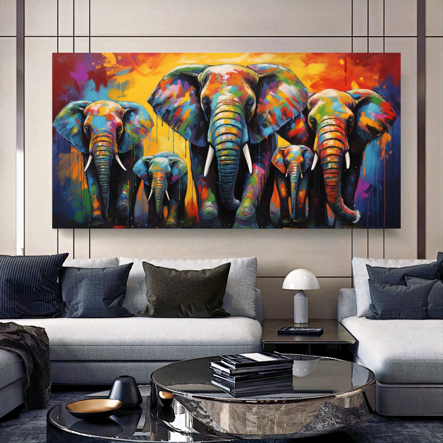 Vibrant Elephant Family - Colorful Canvas Art, Modern Prin on Canvas B